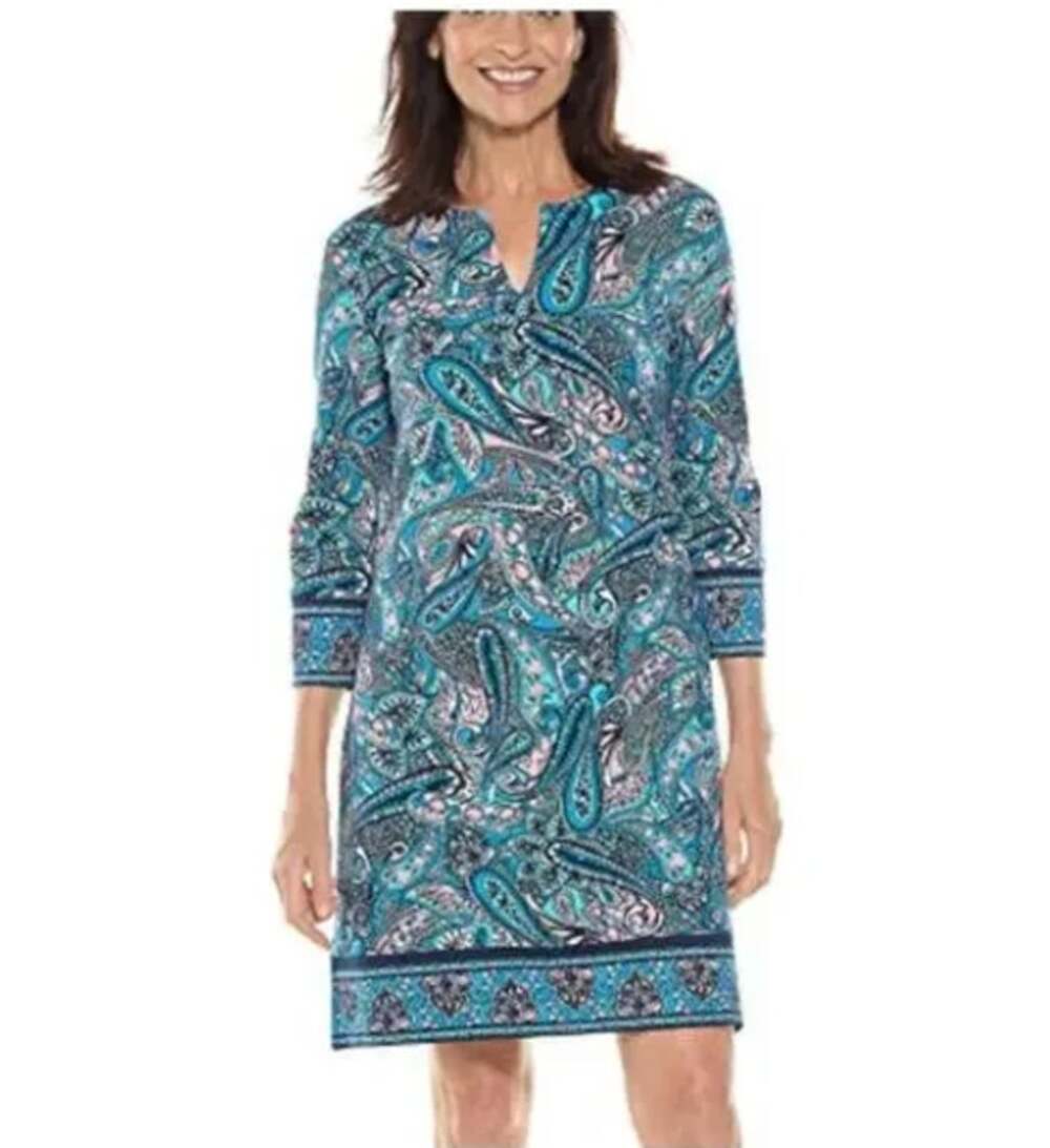 Coolibar Oceanside Tunic Dress Blue Paisley Print Med Resort Beach